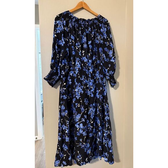 Talbots Plus Size 1X Smocked Midi Dress Black Lilac Floral Feminine Office - Picture 10 of 12